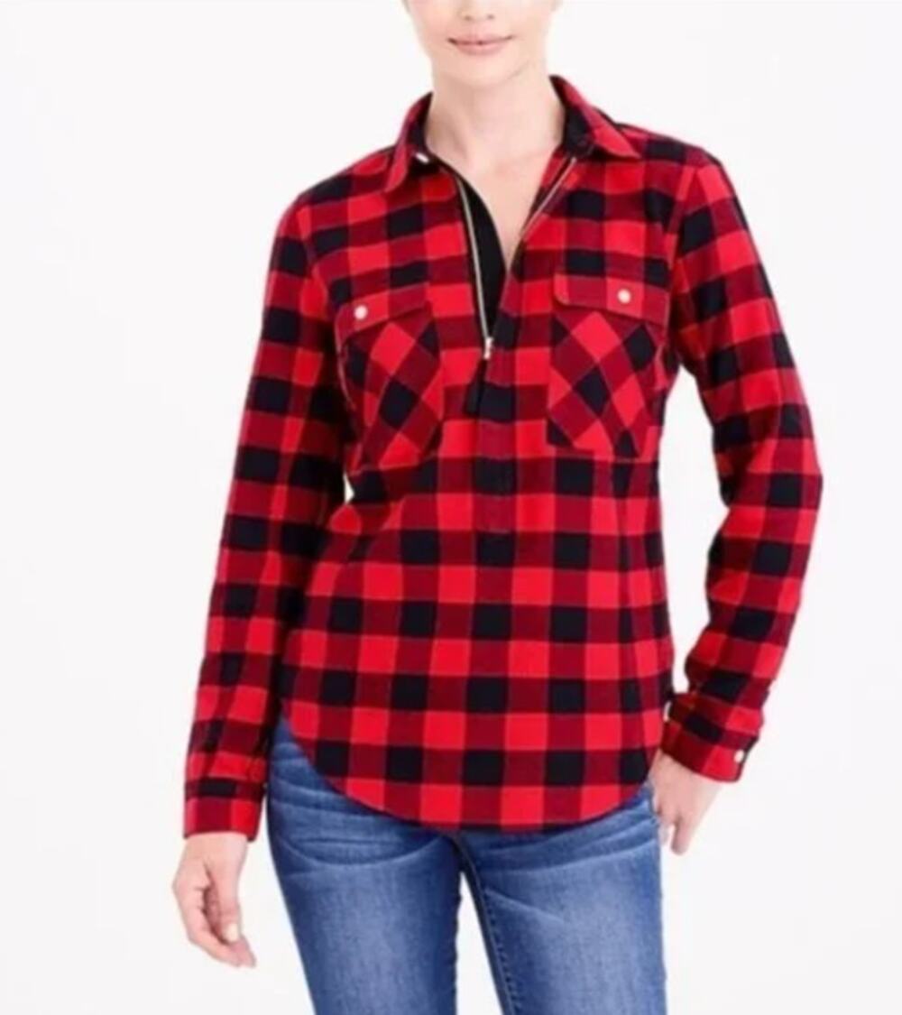 J CREW Buffalo Check Shirt Jacket Flannel Half Zip Red Blue Plaid Shacket sz S